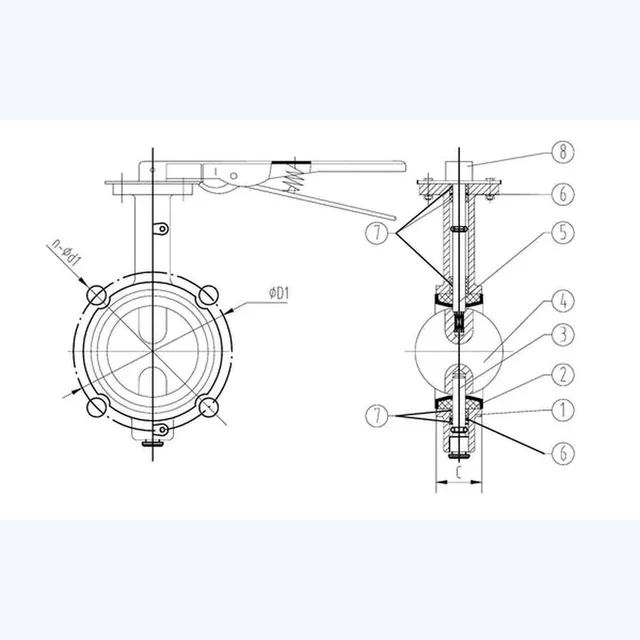 Half Shaft Wafer Butterfly Valve Without Pin technical drawing
