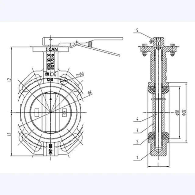 D71X-16P Butterfly Valve technical drawing