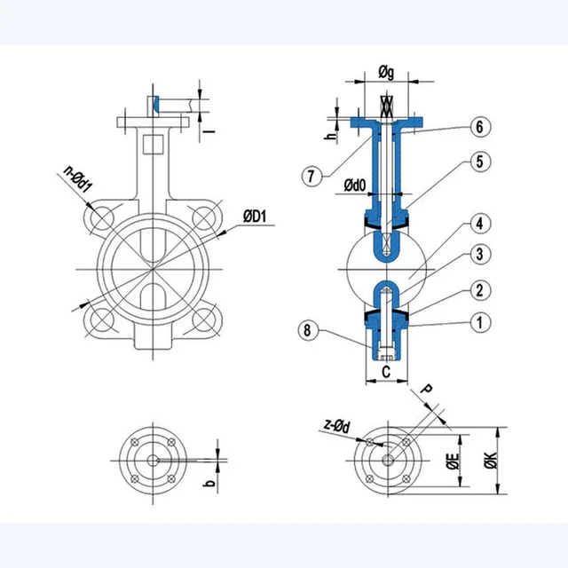 Wafer Butterfly Valve (Half Shaft Without Pin) technical drawing